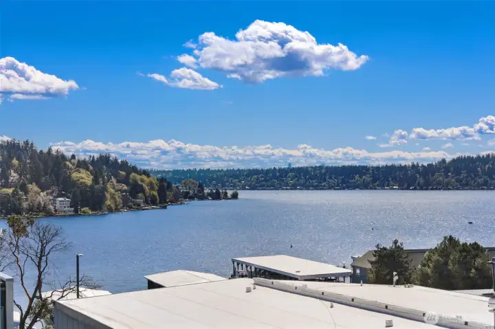Your vantage point: the northern point of Lake Washington loking south to the Seattle skyline and Inglewood Golf Club at left.