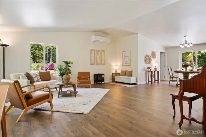 Large open floor plan with with mini split for heating and cooling.