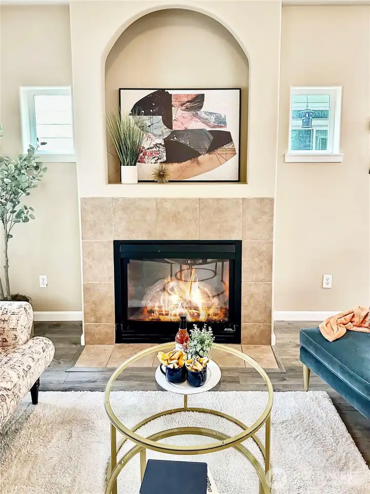 Close up view of the gas log fireplace.