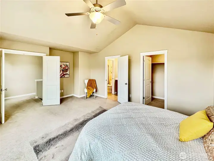 Large, vaulted primary bedroom with double door entry, walk-in closet and private bath.