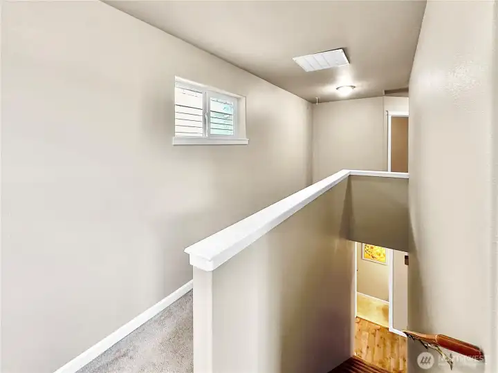 Upper floor hall that leads to the two additional bedrooms, full bath, family room and laundry room.