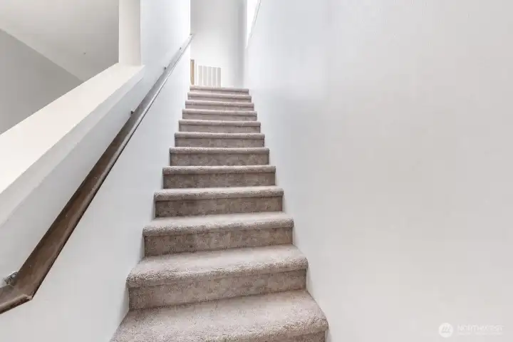 Carpeted staircase leading to the second floor, featuring a wide landing and modern handrail design