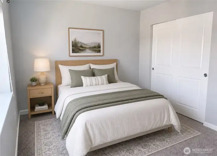 Virtually staged secondary bedroom showcasing a full-size bed, flexible layout