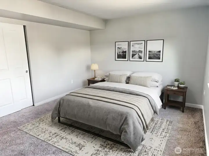 Virtually staged third-floor bedroom showcasing the spacious layout and flexible use of the room