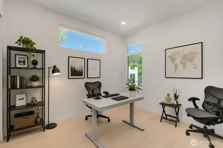 Main level office/or bedroom with connected ensuite 3/4 bath -Partial Virtually staged Main level office/or bedroom with connected ensuite 3/4 bath -Partial Virtually staged