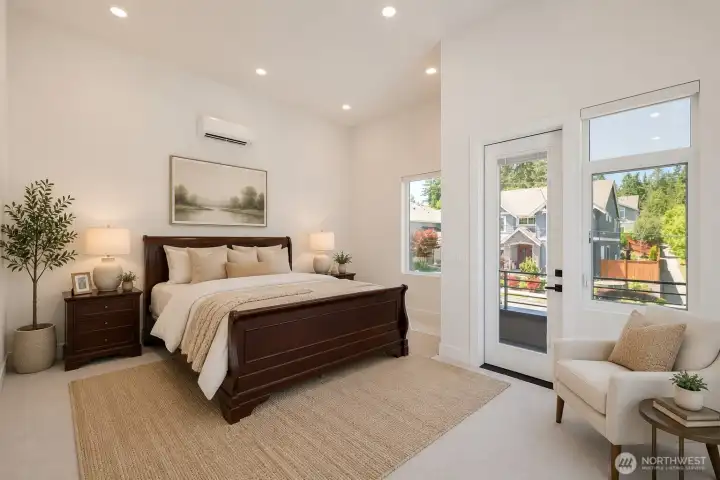 Spacious Primary Suite 2nd level (virtual stage) with private deck, 5 suite bath and large walk in closet with built-ins Spacious Primary Suite 2nd level (virtual stage) with private deck, 5 suite bath and large walk in closet with built-ins