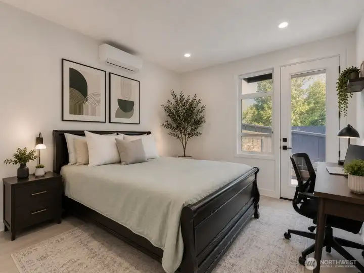 Partial Virtually staged Guest room 1, 2nd floor, access to deck. Each bedroom has its own mini split Partial Virtually staged Guest room 1, 2nd floor, access to deck. Each bedroom has its own mini split