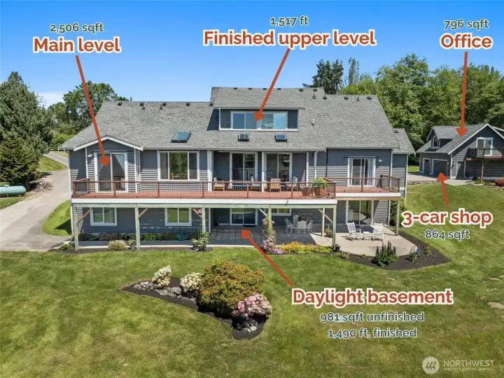 Backside of the main house showing the different areas of the property with the square footage. Backside of the main house showing the different areas of the property with the square footage.