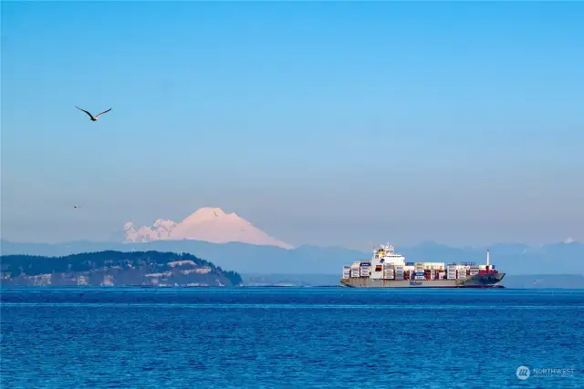 A freighter coming down the Sound with Mt Baker in the distance. This is an enhanced photo from the deck.