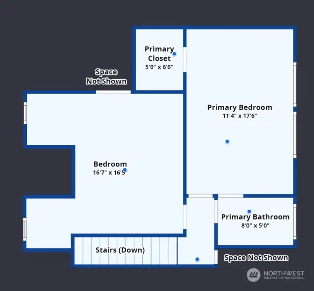The items labeled "space not shown" are the bedroom closet and the hallway linen closet.