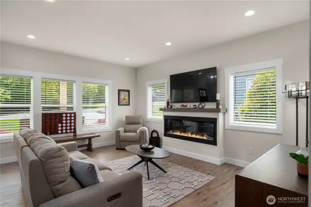 Light and bright entry with electric fireplace. Tons of windows for northwest days.