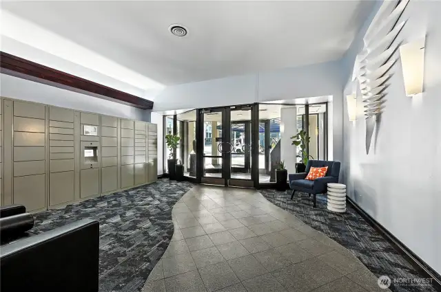Main lobby with Amazon delivery lockers.