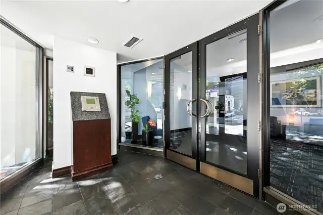Secure entry with call box directly.