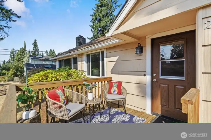 The front entry deck is a perfect place to enjoy the late afternoon sun!