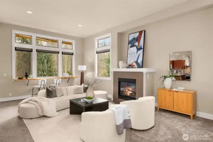 Main living area features an expansive open design with soaring 12-foot ceilings