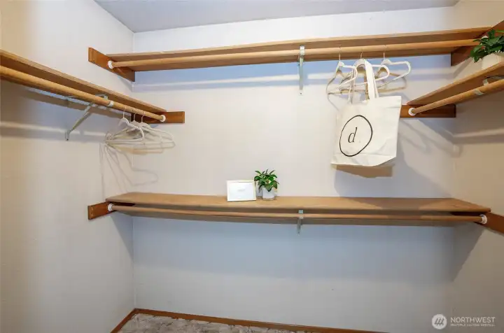 Walk In closet with built in wood shelving