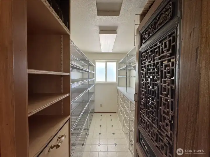 Looking in to the pantry.  You will find plenty of storage in here--wire rack shelving units on one side, the other has drawers, spice racks, and more shelving.