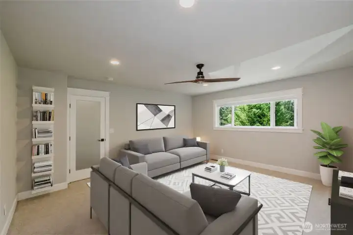 Virtually staged as a media room, upstairs.