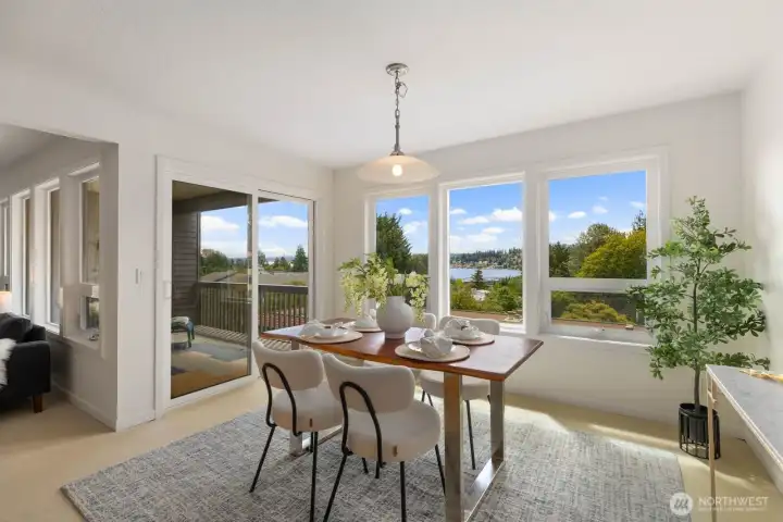 Large dining room with water views Large dining room with water views