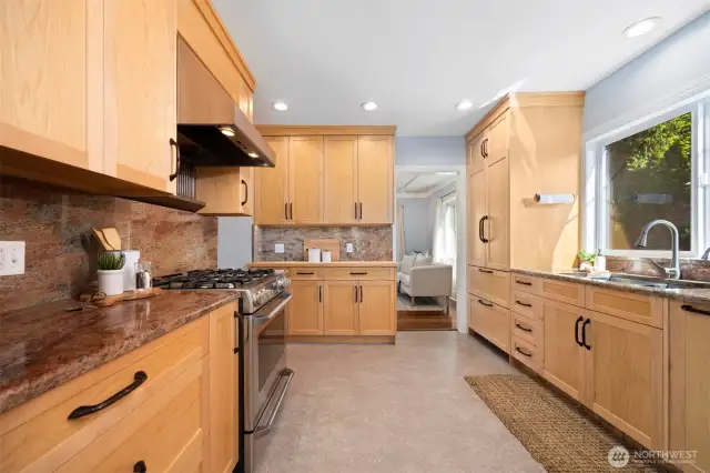 Integrated refrigerator and dishwasher pair with granite countertops, soft under-cabinet lighting, and a deep sink for a clean, functional finish.