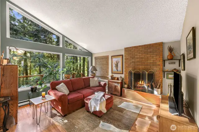 Light and bright windows open this spacious living room with vaulted ceilings and the coziest wood burning fireplace