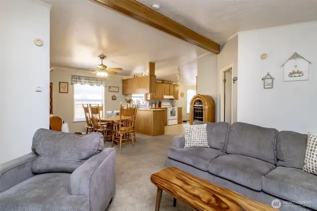 Living room to dining area and kitchen