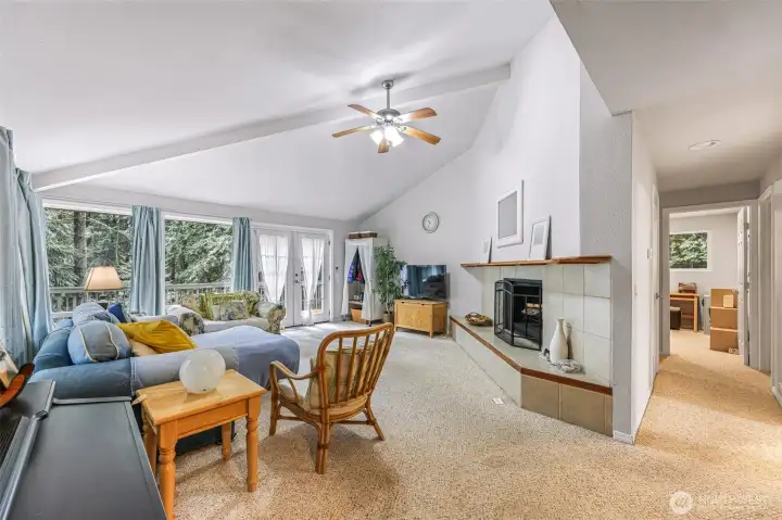 Full living area view with hall to bathroom and bedrooms on right.