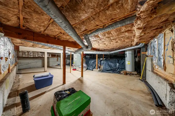 Fantastic stand-up crawl space is fully insulated with heat pump and plenty of room for dry storage.