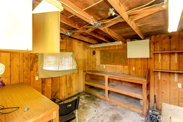 A small woodshop offers the perfect space for projects, hobbies or creative craftsmanship.