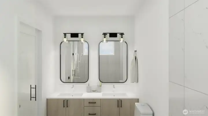 Modern bathroom with a double vanity and sleek hardware. (these are digital rendering, not represented of the actual home, materials & finishes subject to change)
