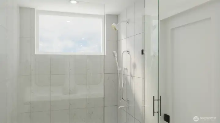 Bright, tiled walk-in shower with minimalist glass enclosure. (these are digital rendering, not represented of the actual home, materials & finishes subject to change)
