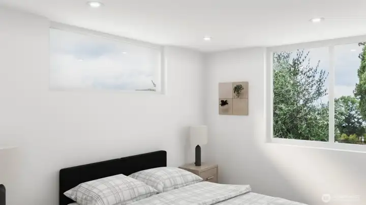 Peaceful bedroom featuring clean lines and ample space. (these are digital rendering, not represented of the actual home, materials & finishes subject to change)