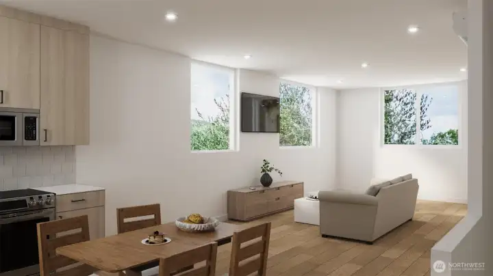 Cozy dining nook and secondary seating area adjacent to the kitchen. (these are digital rendering, not represented of the actual home, materials & finishes subject to change)
