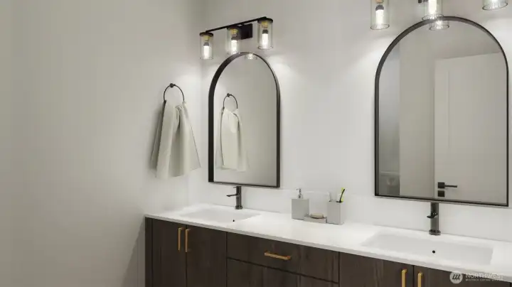 Stylish double vanity with designer mirrors and modern lighting. (this is a digital rendering, materials & finishes subject to change)