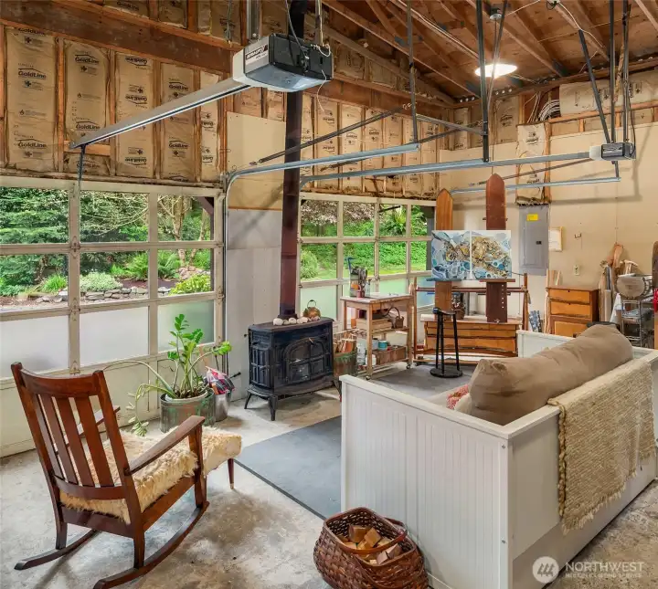 Lots of light and a cozy woodstove!
