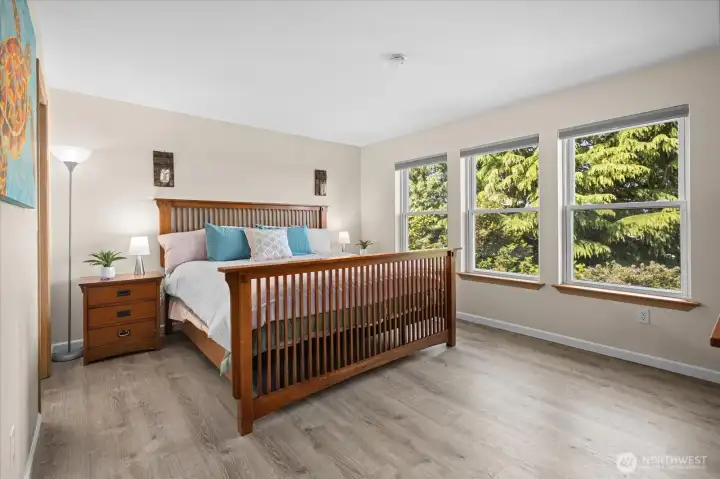 Primary Suite with large western facing windows- en suite bathroom and walk in closet. Room for a king size bed and dresser sets.