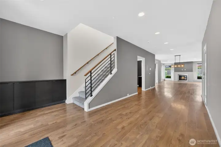 Laminate flooring extends through the main living areas.