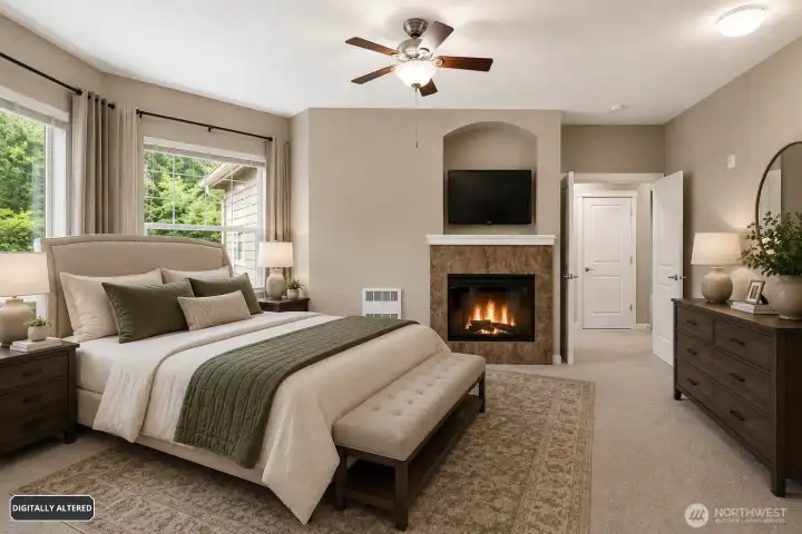 Virtually Staged Master bedroom offers fireplace, vaulted ceilings and oversized windows