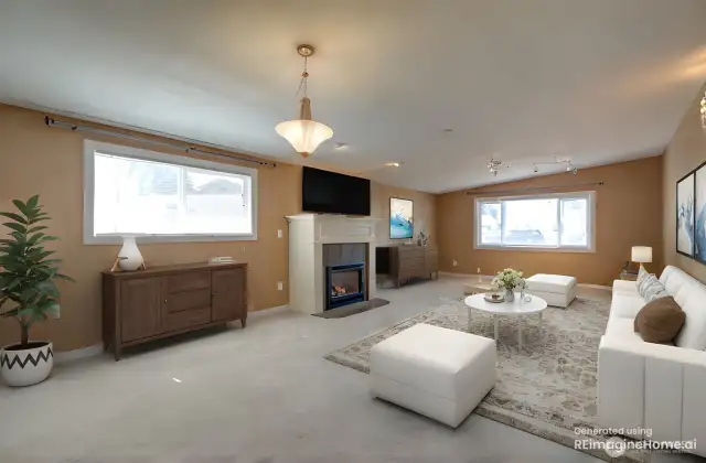 Family room with gas fireplace, virtually staged