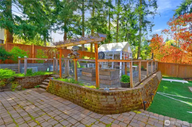 Fenced garden area keeps pets from disturbing the plantings.