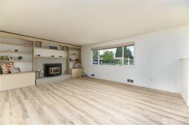 Front Living Room with built-ins and pellet stove.