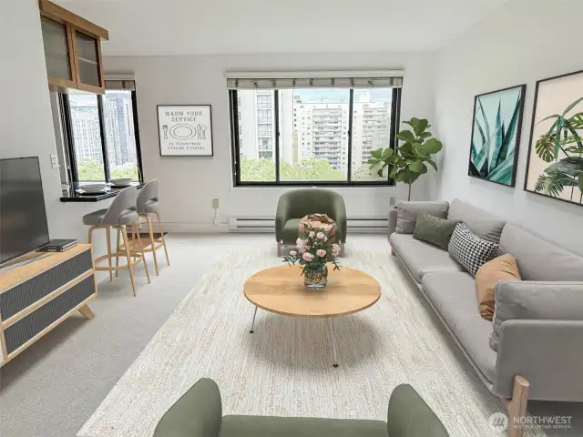 Living room with a city view
