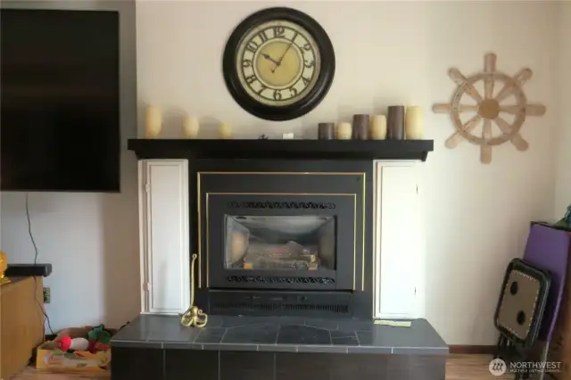 CLOSE UP OF THE PROPANE FIIREPLACE MANTLE AND HEARTH!