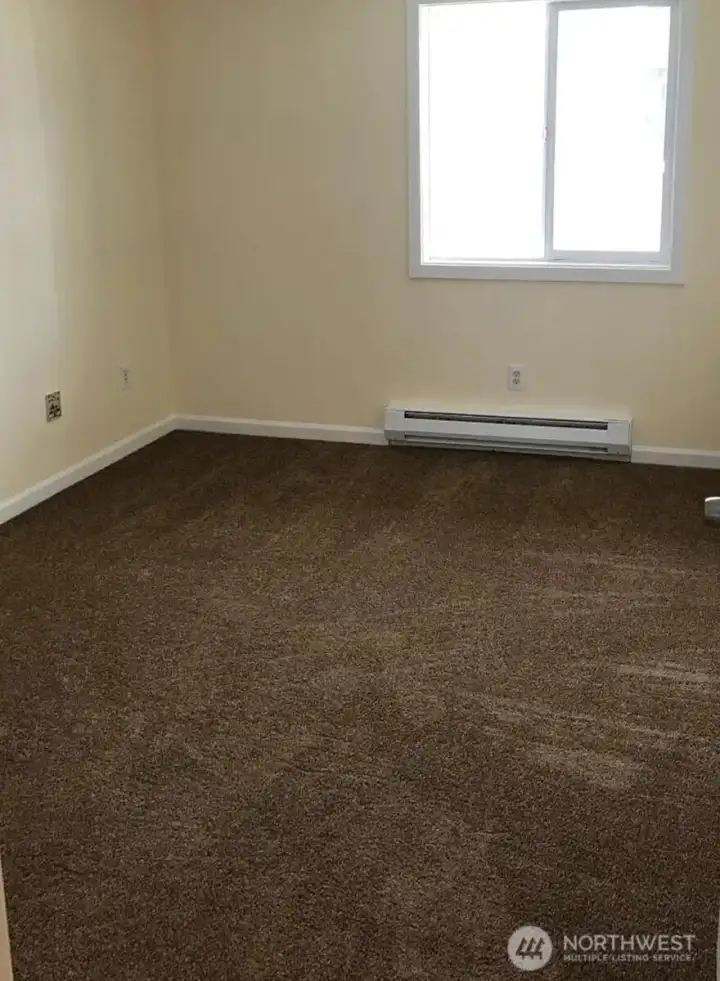 Large bedroom with wall to wall carpet, baseboard heat and plenty of natural light from the window.