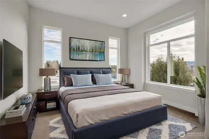 Bedroom Featuring New Gilded Lighting  Virtually staged