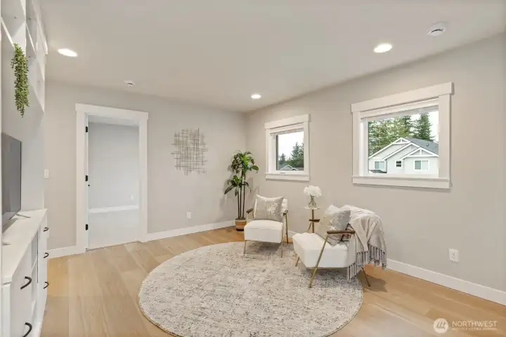 Light-filled loft with custom built-ins—perfect for work or relaxation.