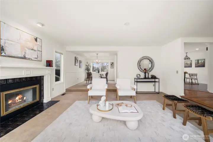Black Glass Tile with White Millwork Mantel; Comfort and Class.