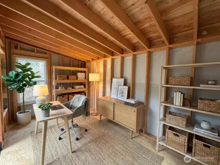 AI staged interior of outbuilding. Could be a home office, art studio, yoga or weight room. Endless possibilities.