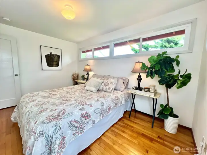 An ample closet for its era, hardwood floors in the bedrooms are in good shape.