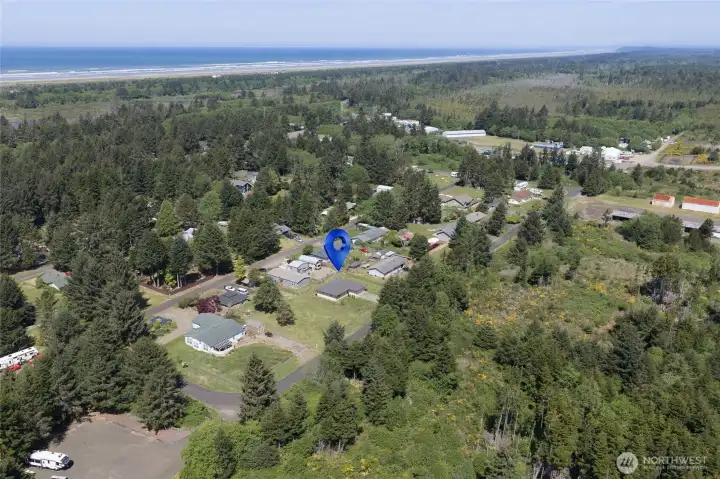 Aerial view with ocean in background